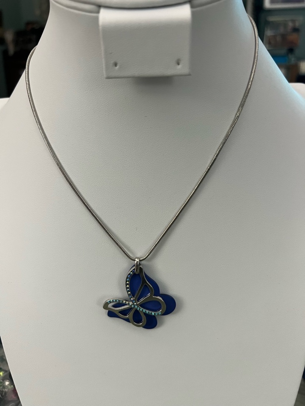 Paparazzi Silver Butterfly Pendant Necklace w/ Blue Enamel second layer